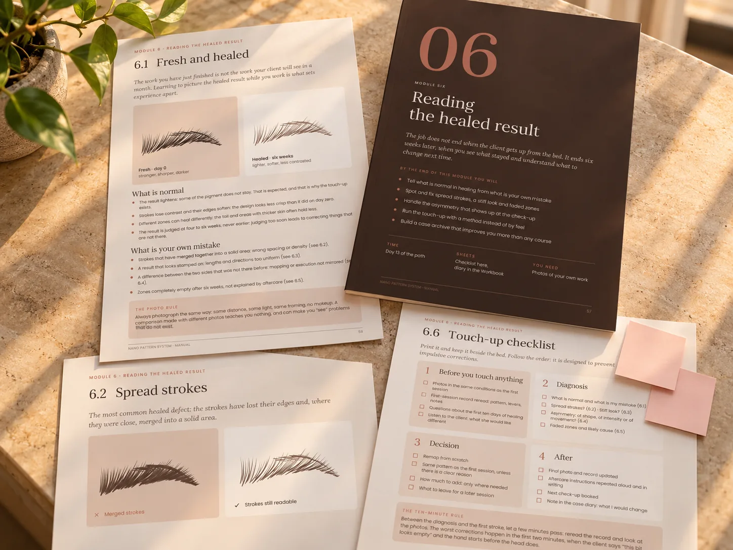Nano Pattern System – Module 06, Reading the healed result: printed manual pages and touch-up checklist on a stone reception desk in warm afternoon light